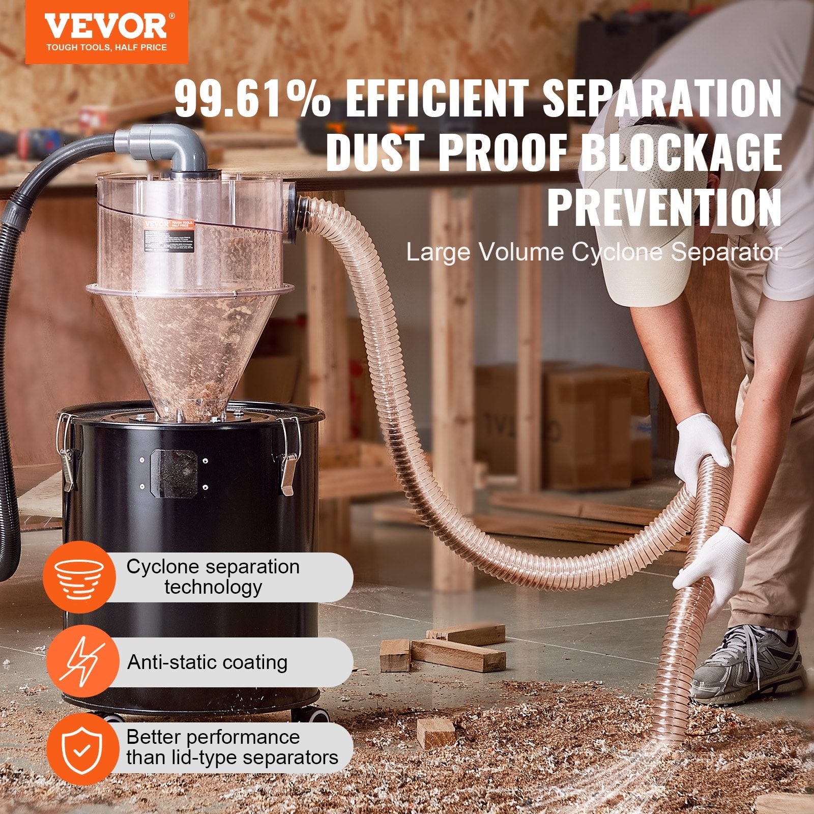 Cyclone Dust Separator, 4" Retrofit Cyclone Separator For Dust Collectors, ABS Dust Deputy With 2" Hole O.D. Connector & Hose For Wet/Dry Shop Vacuums, Fits 5-10 Gallon Tank (Tank Exclude)