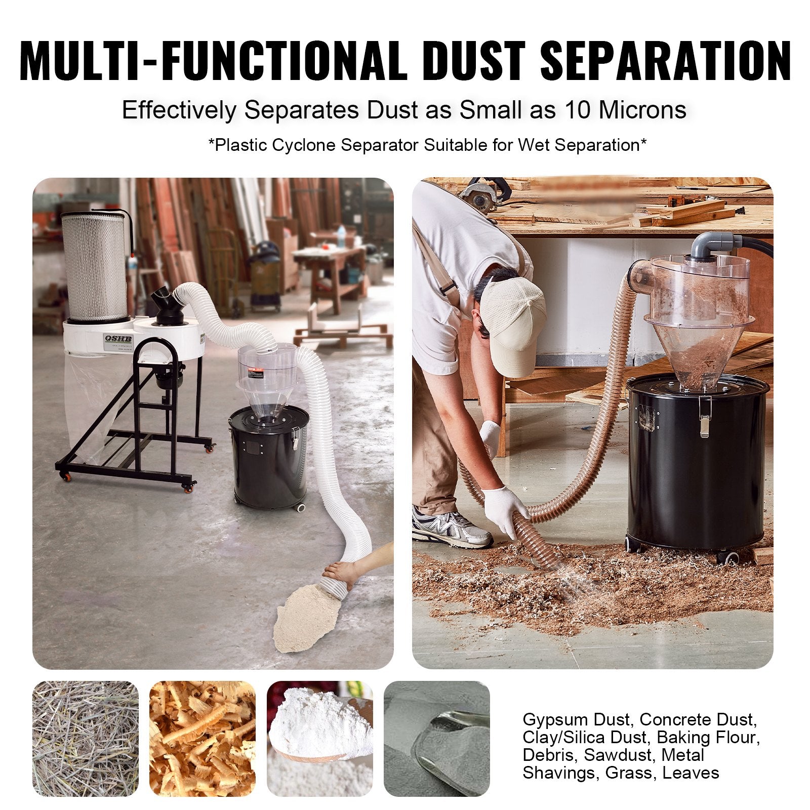 Cyclone Dust Separator, 4" Retrofit Cyclone Separator For Dust Collectors, ABS Dust Deputy With 2" Hole O.D. Connector & Hose For Wet/Dry Shop Vacuums, Fits 5-10 Gallon Tank (Tank Exclude)