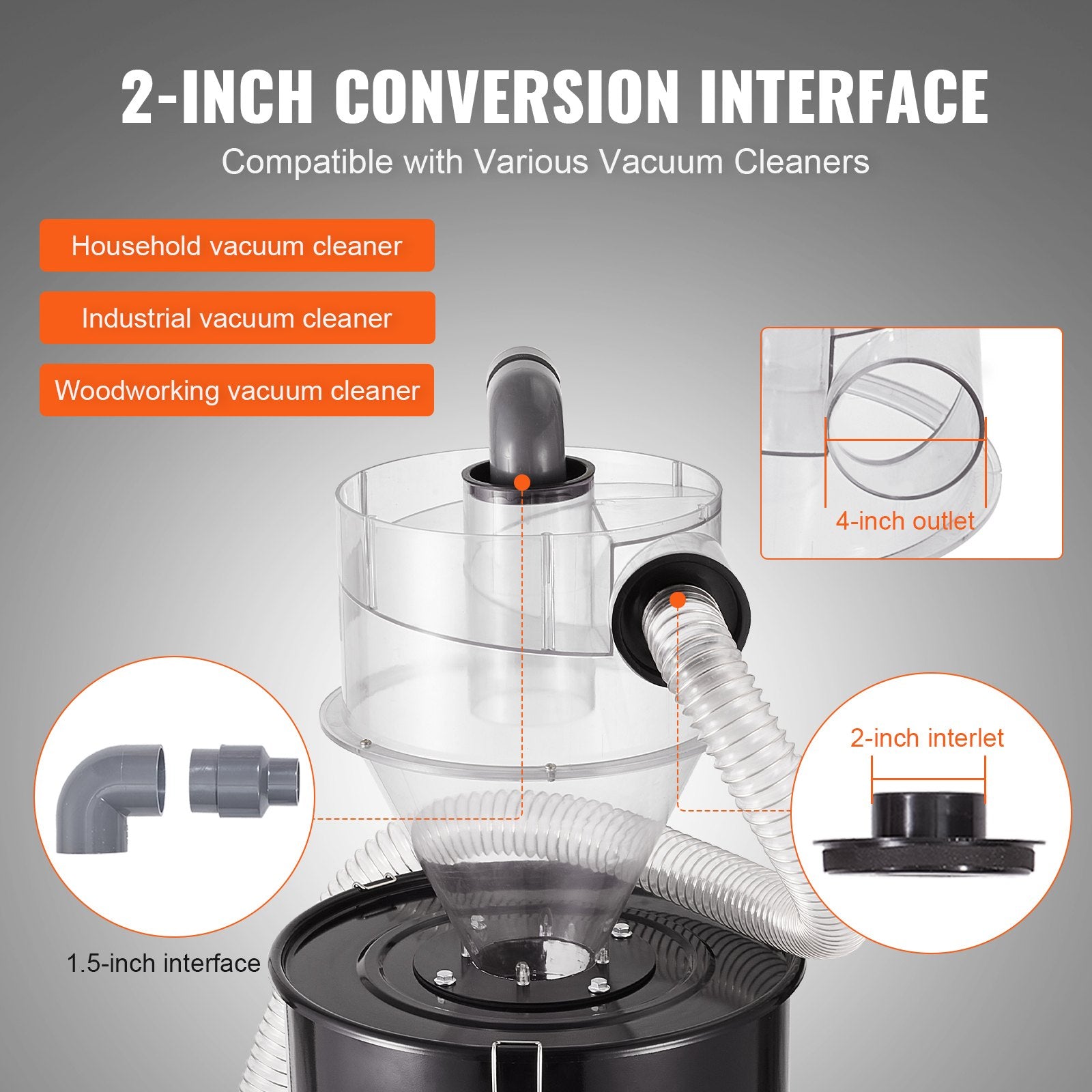 Cyclone Dust Separator With Metal Tank, 4" Retrofit Cyclone Separator For Dust Collectors, ABS Dust Deputy With 2" Hole O.D. Connector & Hose For Wet/Dry Shop Vacuums, Fits 13.21 Gallon Tank