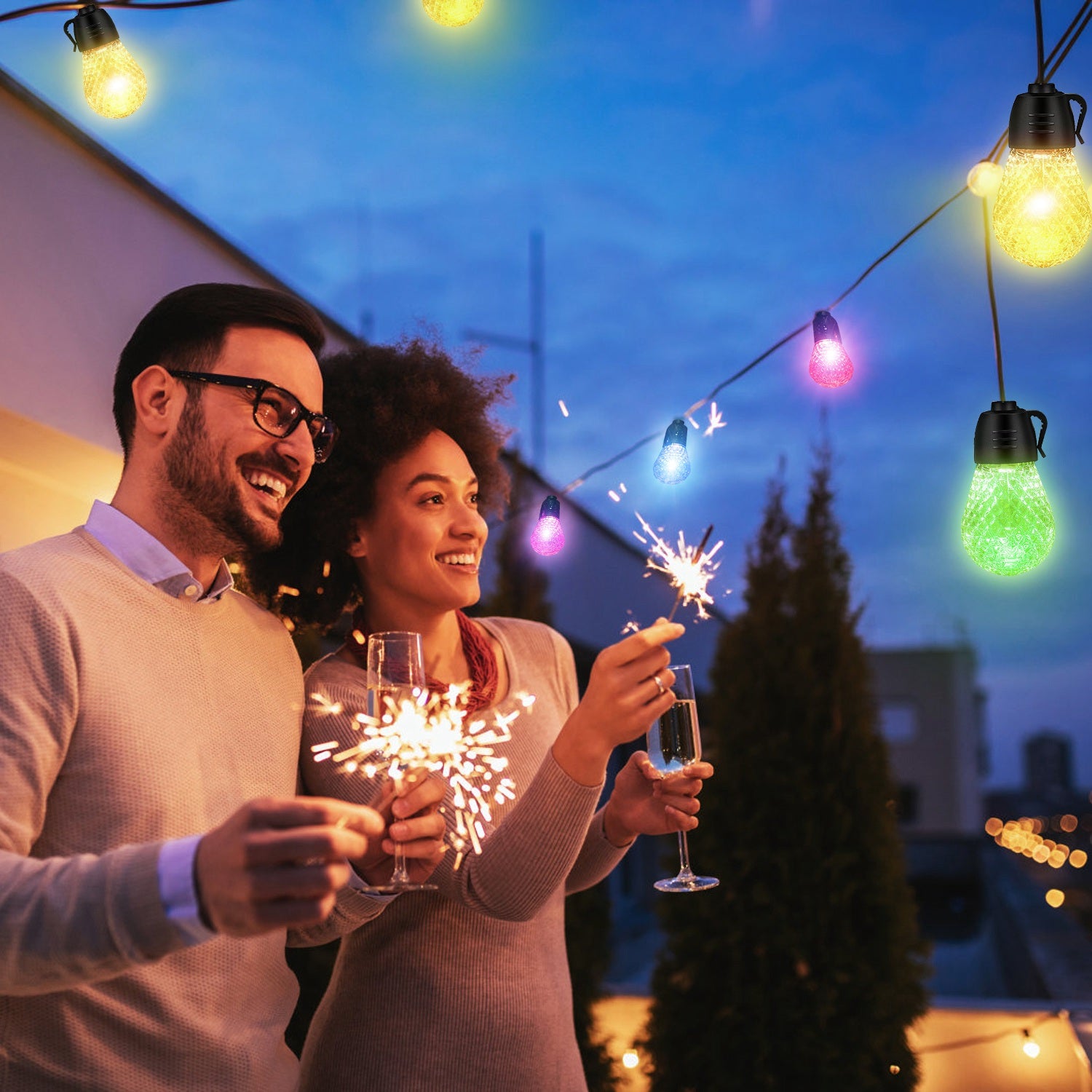 52.5FT Colorful Outdoor String Lights Smart RGB LED Patio Lights IP66 Waterproof Dimmable Hanging Light Bulbs With APP Remote Control 15 Bulbs