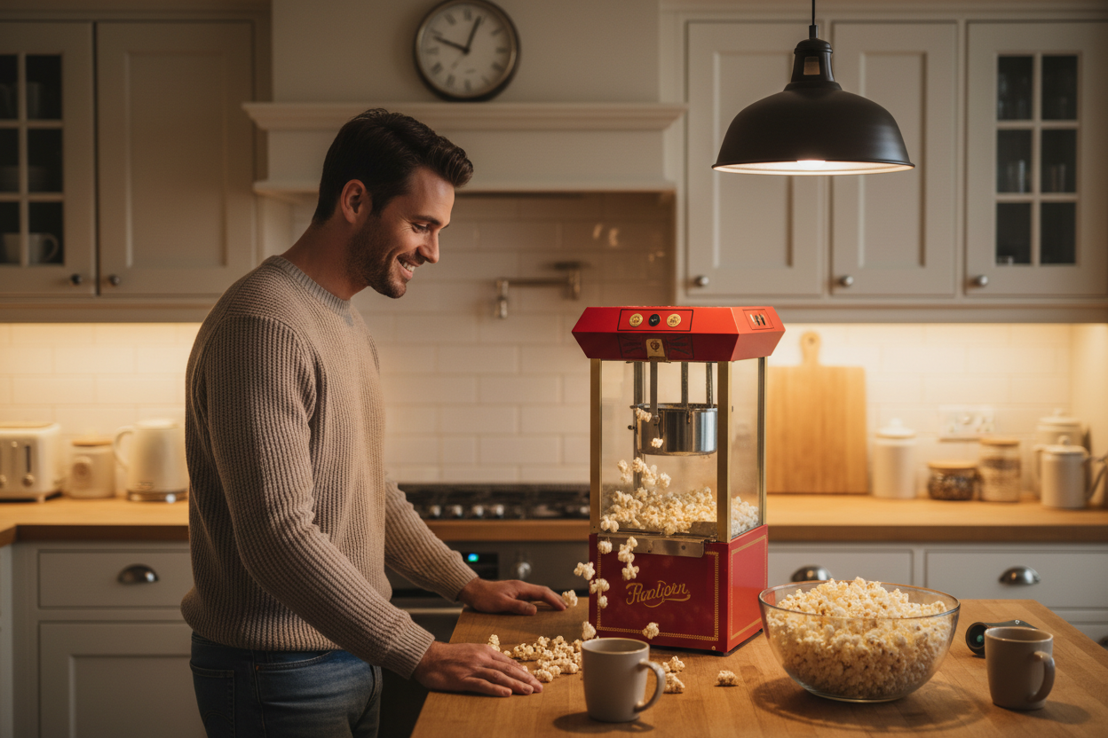 Person using popcorn machine in kitchen